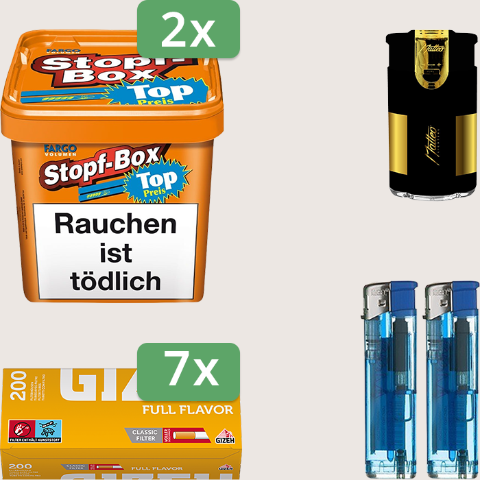 Fargo Stopfbox 2 x 400 g Sparpaket mit 1.400 Gizeh Full Flavor Hülsen und Feuerzeugset