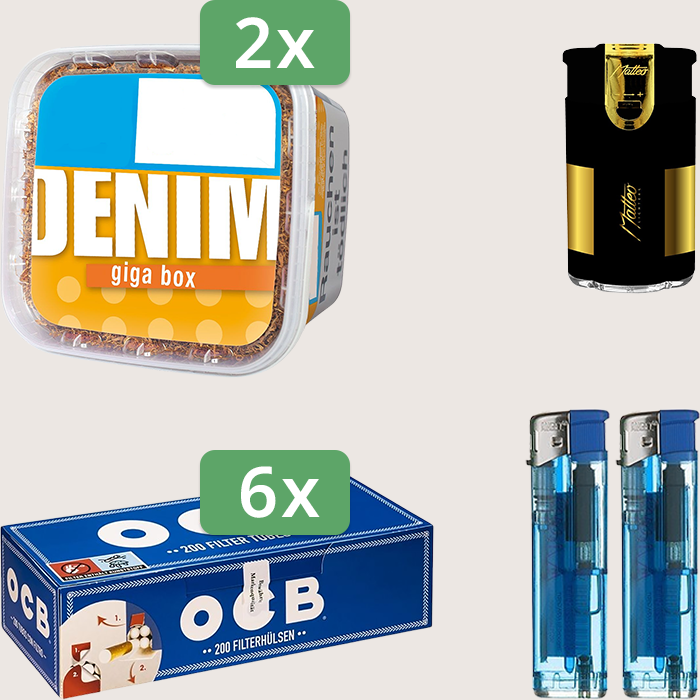 Denim Classic 2 x 315 g Sparpaket mit 1.200 OCB Hülsen und Feuerzeugset