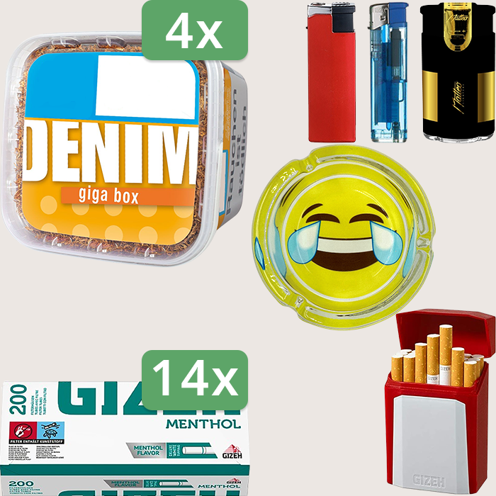 Denim Classic 4 x 315 g Sparpaket mit 2.800 Gizeh Menthol Hülsen, Aschenbecher und Gizeh Flip Case