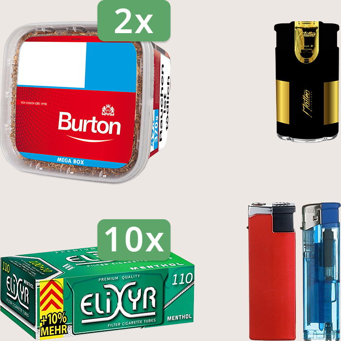 Burton Full Red 2 x 270 g Sparpaket mit 1.100 Elixyr Energy+ Menthol Hülsen und Feuerzeugset