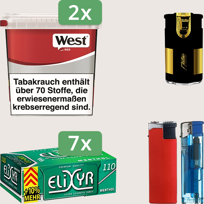 West Red 2 x 170 g Sparpaket mit 770 Elixyr Energy+ Menthol Hülsen und Feuerzeugset