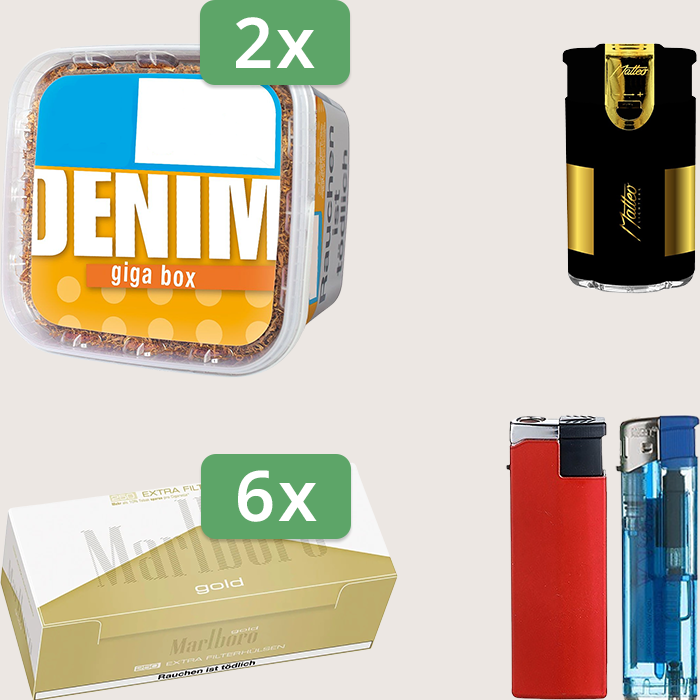 Denim Classic 2 x 340 g mit 1.500 Marlboro Gold Extra Hülsen und Elektrofeuerzeug