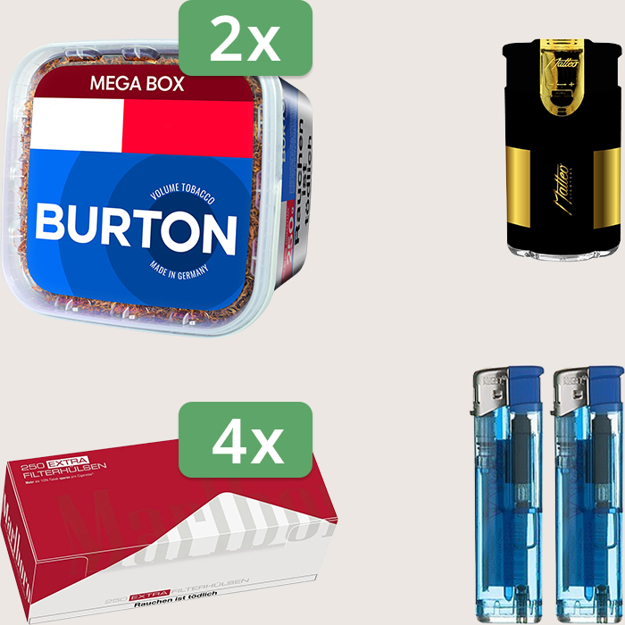 Burton Blue 2 x 250 g Sparpaket mit 1.000 Marlboro Red Extra Hülsen und Feuerzeugset Burton Blue 2 x 250 g Sparpaket mit 1.000 Marlboro Red Extra Hülsen und Feuerzeugset