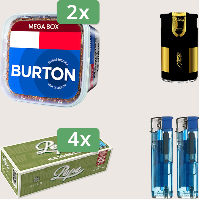Burton Blue 2 x 250 g Sparpaket mit 800 Pepe Hülsen und Feuerzeugset