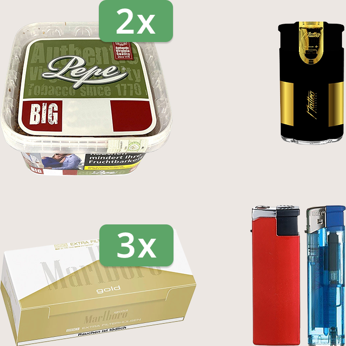 Pepe Rich Green 2 x 170 g mit 750 Marlboro Gold Extra Hülsen und Elektrofeuerzeug