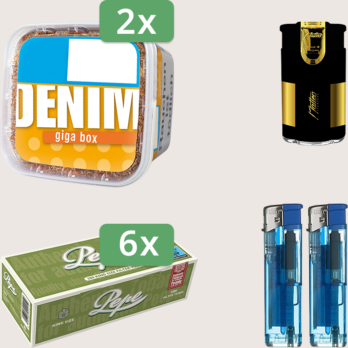 Denim Classic 2 x 315 g Sparpaket mit 1.200 Pepe Hülsen und Feuerzeugset