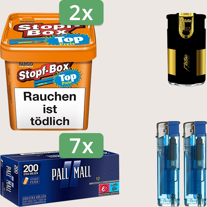 Fargo Stopfbox 2 x 400 g Sparpaket mit 1.400 Pall Mall Blue Xtra Hülsen Hülsen und Feuerzeugset