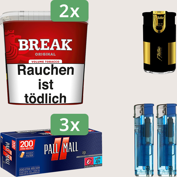 Break Original 2 x 185 g Sparpaket mit 600 Pall Mall Red Xtra Hülsen und Feuerzeugset