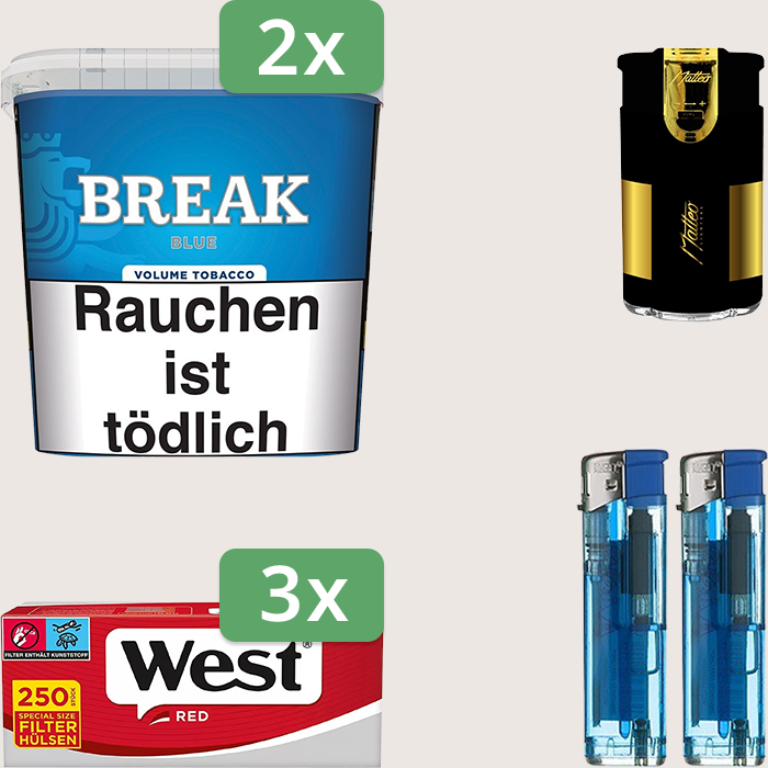 Break Blue 2 x 185 g Sparpaket mit 750 West Red Special Hülsen und Feuerzeugset