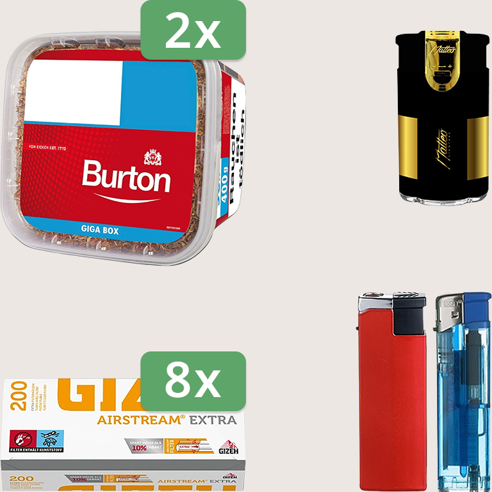 Burton Full Red 2 x 400 g Sparpaket mit 1.600 Gizeh Airstream Extra Hülsen und Feuerzeugset