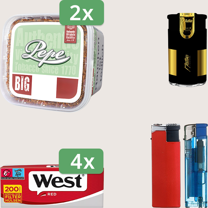 Pepe Bright Green 2 x 170 g Sparpaket mit 800 West Red Hülsen und Feuerzeugset