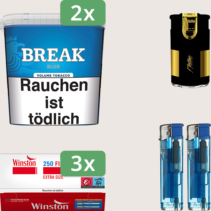 Break Blue 2 x 185 g Sparpaket mit 750 Winston Extra Hülsen und Feuerzeugset