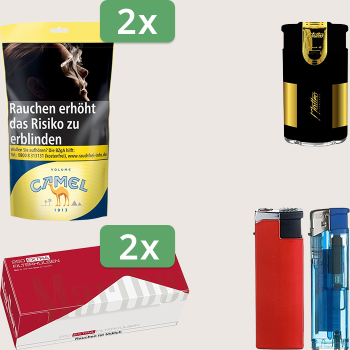 Camel Yellow 2 x 102 g Sparpaket mit 500 Marlboro Red Extra Hülsen und Feuerzeugset
