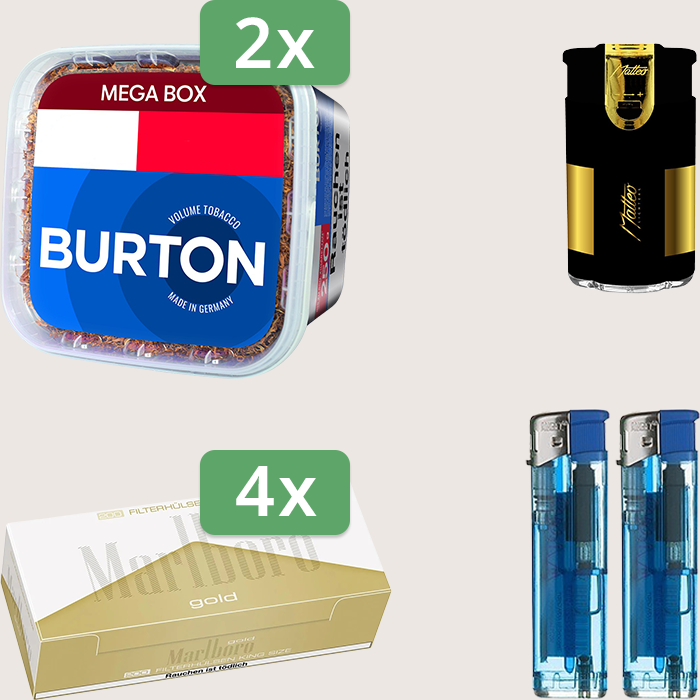 Burton Blue 2 x 250 g Sparpaket mit 800 Marlboro Gold Hülsen und Feuerzeugset Burton Blue 2 x 250 g Sparpaket mit 800 Marlboro Gold Hülsen und Feuerzeugset
