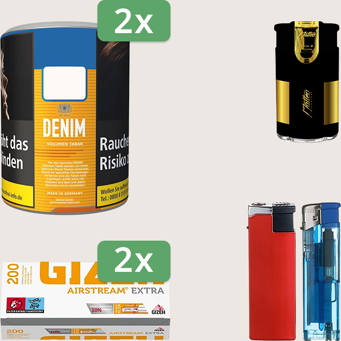 Denim Classic 2 x 65 g Sparpaket mit 400 Gizeh Airstream Extra Hülsen und Feuerzeugset