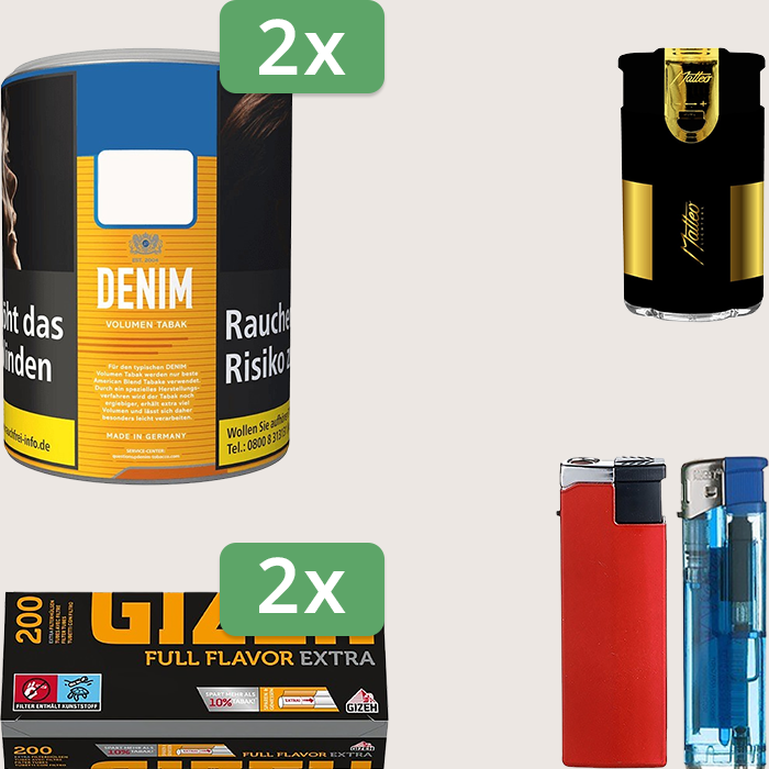 Denim Classic 2 x 65 g Sparpaket mit 400 Gizeh Full Flavor Extra Hülsen und Feuerzeugset