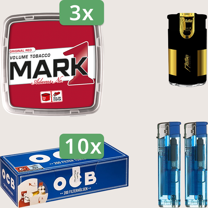 Mark 1 Original Red 3 x 400 g Sparpaket mit 2.000 OCB Hülsen und Feuerzeugset
