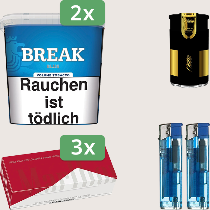 Break Blue 2 x 185 g Sparpaket mit 600 Marlboro Red Hülsen und Feuerzeugset