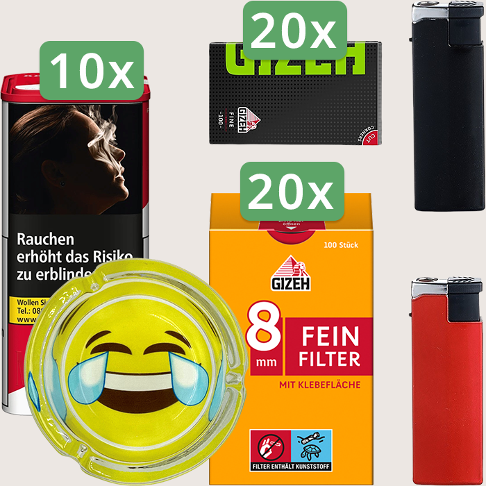 Marlboro Premium Red 10 x 155 g Sparpaket mit 2.000 Gizeh Black Fine Magnet Blättchen, 2.000 Gizeh Feinfilter 8 mm und Aschenbecher