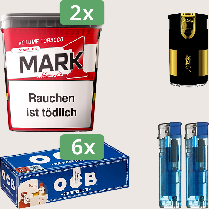 Mark 1 Original Red 2 x 320 g Sparpaket mit 1.200 OCB Hülsen und Feuerzeugset Mark 1 Original Red 2 x 320 g Sparpaket mit 1.200 OCB Hülsen und Feuerzeugset