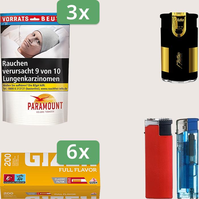 Paramount 3 x 185 g mit 1.200 Gizeh Full Flavor Hülsen und Feuerzeugset