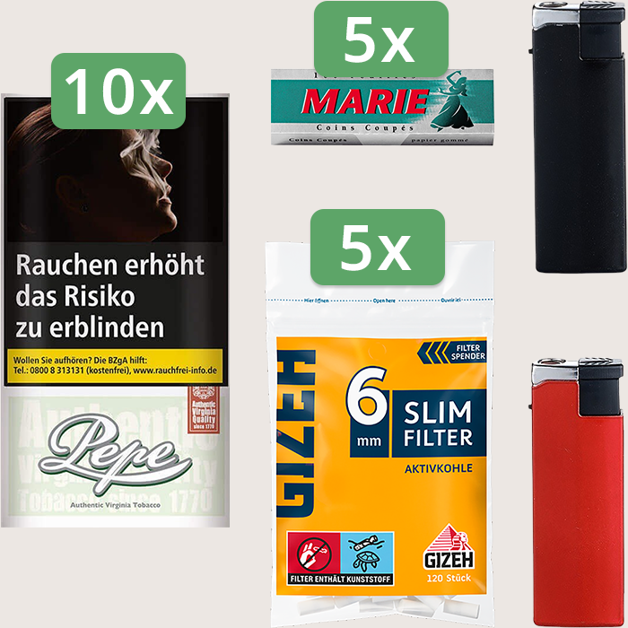 Pepe Fine Green 10 x 30 g Sparpaket mit 500 Marie Blättchen und 600 Gizeh Slim Filter Aktivkohle 6 mm