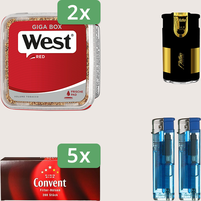 West Red 2 x 265 g Sparpaket mit 1.000 Convent Hülsen und Feuerzeugset
