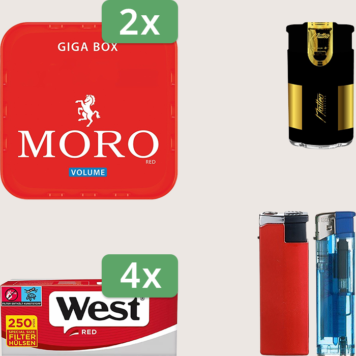 Moro Red 2 x 245 g Sparpaket mit 1.000 West Red Special Hülsen und Feuerzeugset
