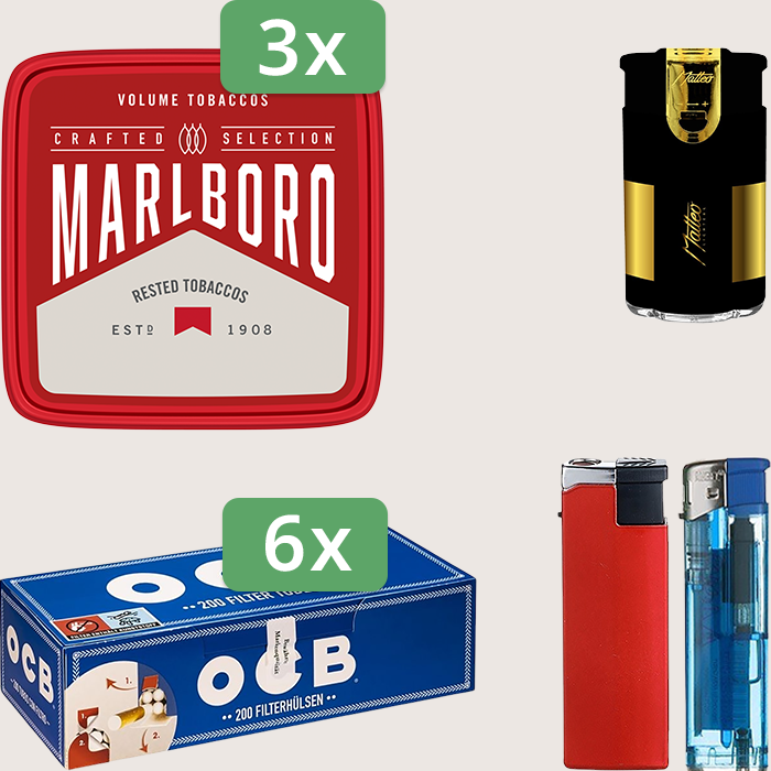 Marlboro Crafted 3 x 230 g Sparpaket mit 1.200 OCB Hülsen und Feuerzeugset