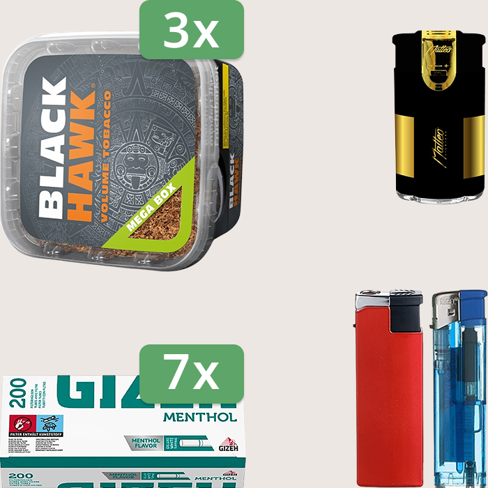 Black Hawk 3 x 230 g mit 1.400 Gizeh Menthol Hülsen und Feuerzeugset