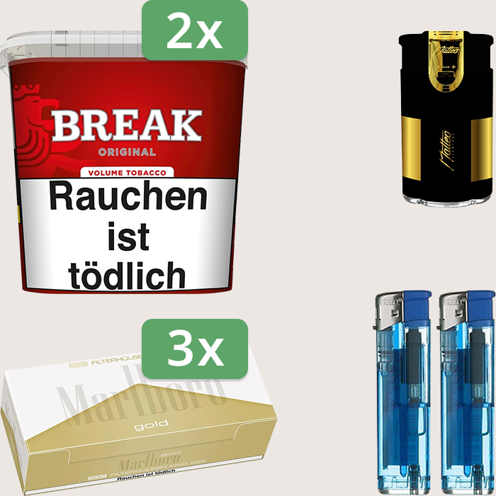 Break Original 2 x 185 g Sparpaket mit 600 Marlboro Gold Hülsen und Feuerzeugset