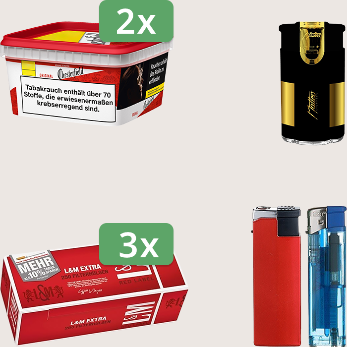 Chesterfield Original Red 2 x 144 g Sparpaket mit 750 L&M Extra Red Label Hülsen und Feuerzeugset