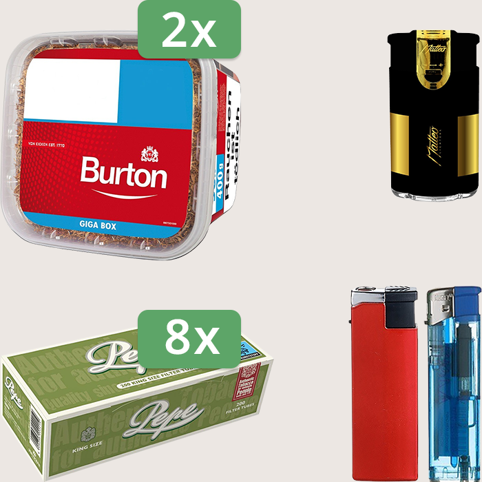 Burton Full Red 2 x 400 g Sparpaket mit 1.600 Pepe Hülsen und Feuerzeugset