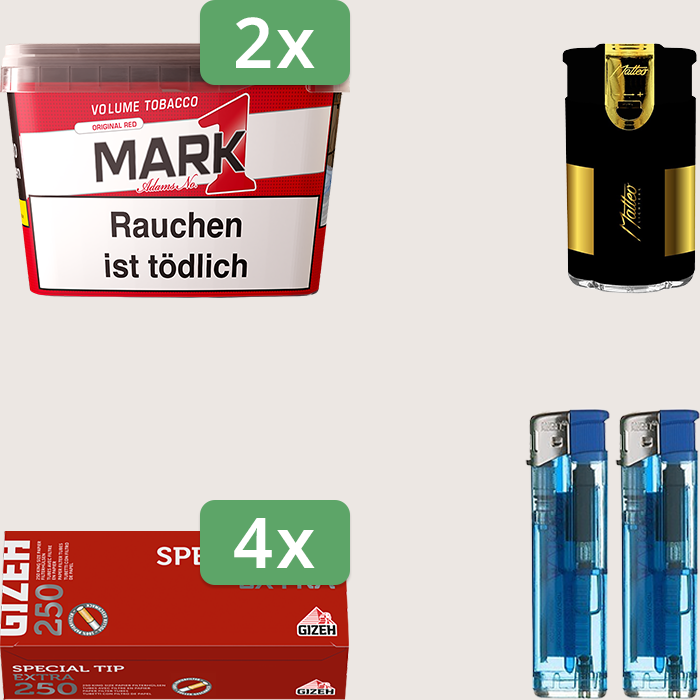 Mark 1 Original Red 2 x 255 g Sparpaket mit 1.000 Gizeh Special Tip Extra Hülsen und Feuerzeugset