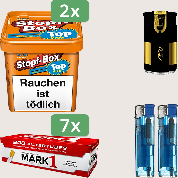 Fargo Stopfbox 2 x 400 g Sparpaket mit 1.400 Mark 1 Hülsen und Feuerzeugset