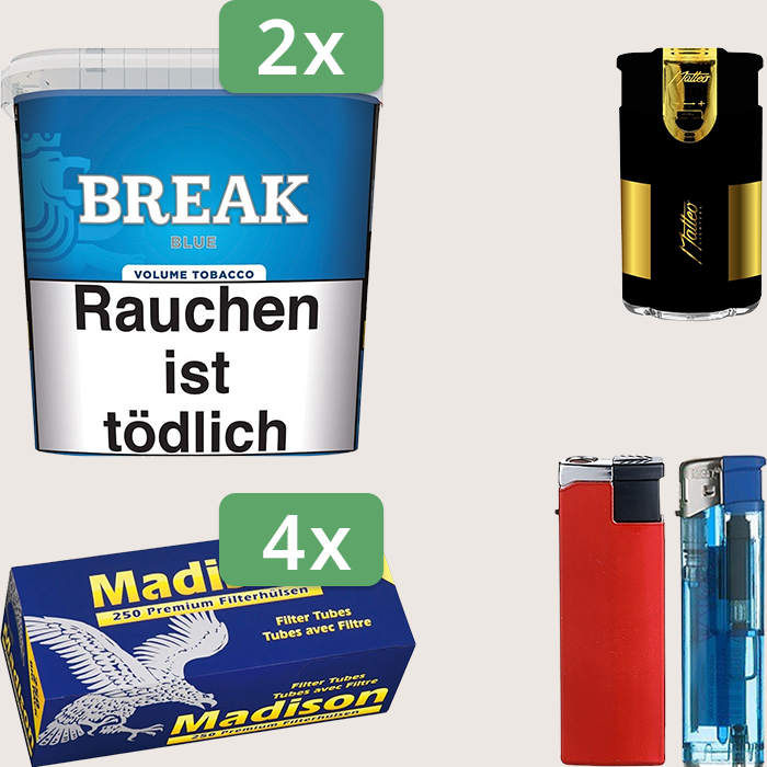 Break Blue 2 x 195 g Sparpaket mit 1.000 Madison Hülsen und Feuerzeugset