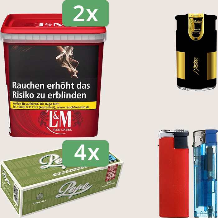 L&M Red 2 x 185 g Sparpaket mit 800 Pepe Hülsen und Feuerzeugset