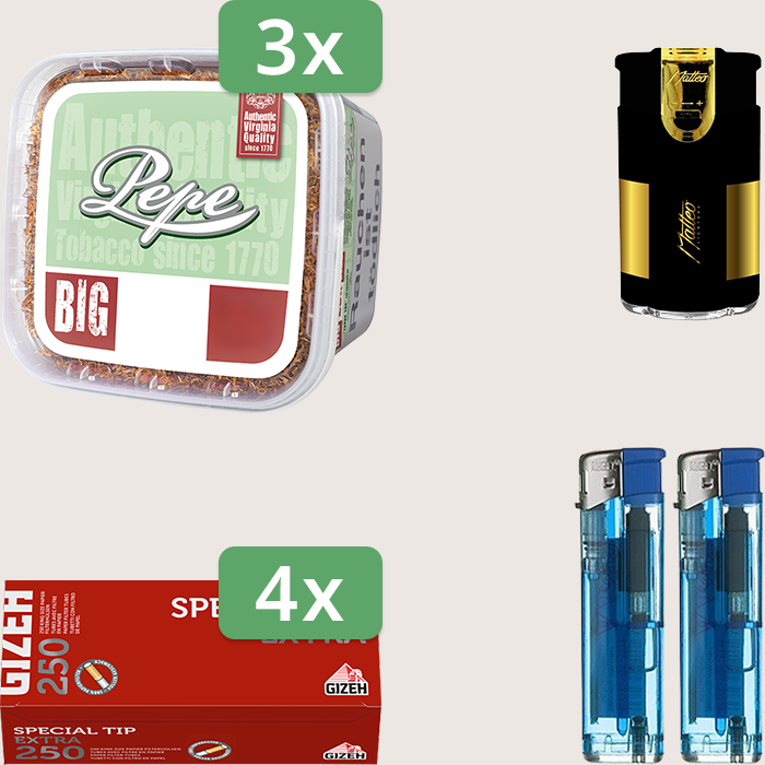 Pepe Bright Green 3 x 170 g Sparpaket mit 1.000 Gizeh Special Tip Extra Hülsen und Feuerzeugset Pepe Bright Green 3 x 170 g Sparpaket mit 1.000 Gizeh Special Tip Extra Hülsen und Feuerzeugset