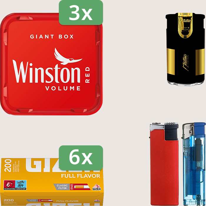 Winston Red 3 x 195 g Sparpaket mit 1.200 Gizeh Full Flavor Hülsen und Feuerzeugset
