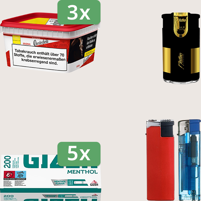 Chesterfield Original Red 3 x 135 g mit 1.000 Gizeh Menthol Hülsen und Feuerzeugset