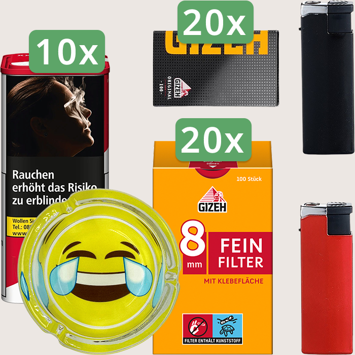 Marlboro Premium Red 10 x 155 g Sparpaket mit 2.000 Gizeh Black Original Magnet Blättchen, 2.000 Gizeh Feinfilter 8 mm und Aschenbecher