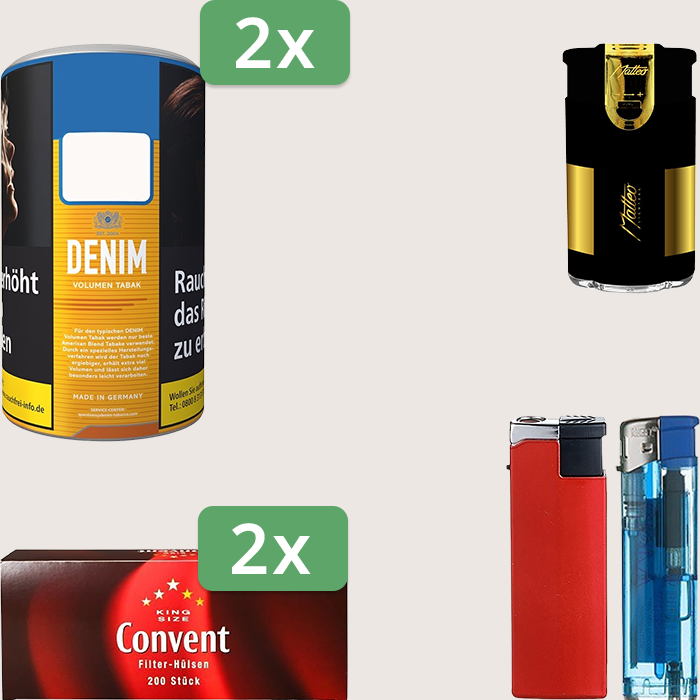 Denim Classic 2 x 90 g mit 400 Convent Hülsen und Feuerzeugset