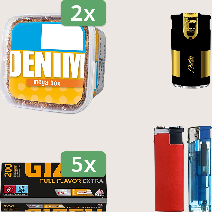 Denim Classic 2 x 220 g Sparpaket mit 1.000 Gizeh Full Flavor Hülsen und Feuerzeugset