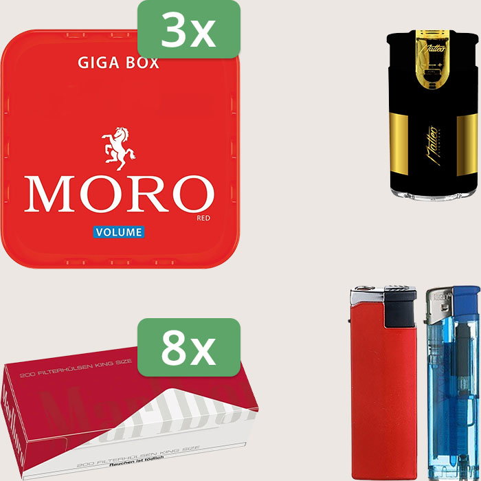 Moro Red 3 x 245 g Sparpaket mit 1.600 Marlboro Red Hülsen und Feuerzeugset