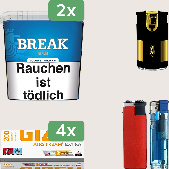 Break Blue 2 x 195 g Sparpaket mit 800 Gizeh Airstream Extra Hülsen und Feuerzeugset