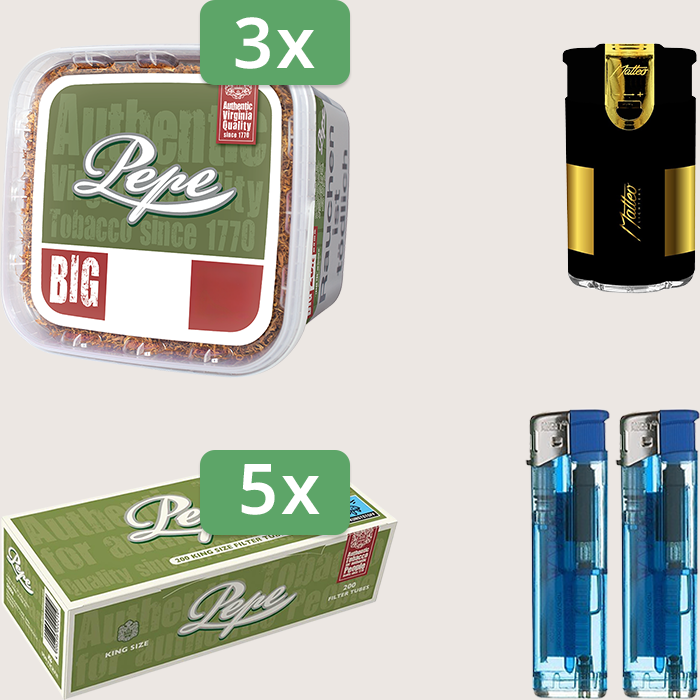 Pepe Rich Green 3 x 170 g Sparpaket mit 1.000 Pepe Hülsen und Feuerzeugset