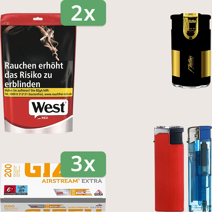 West Red 2 x 137 g Sparpaket mit 600 Gizeh Airstream Extra Hülsen und Feuerzeugset