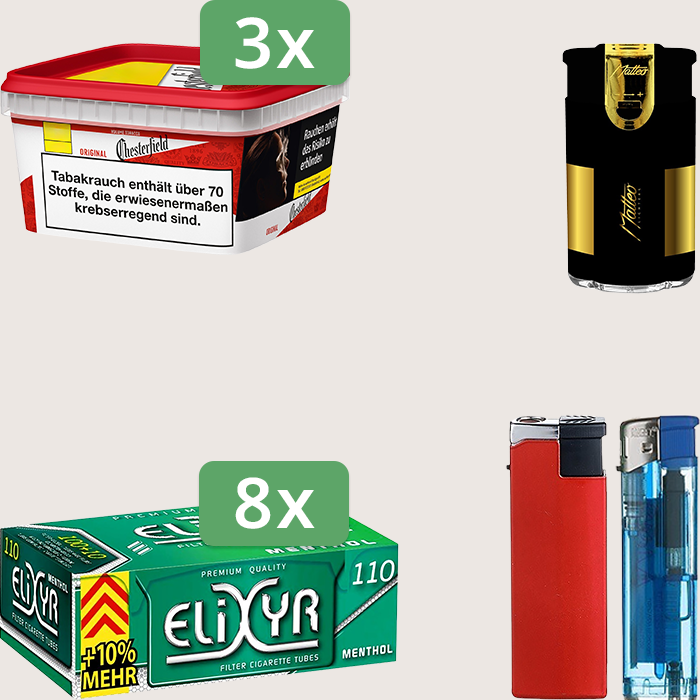 Chesterfield Original Red 3 x 135 g mit 880 Elixyr Energy+ Menthol Hülsen und Feuerzeugset