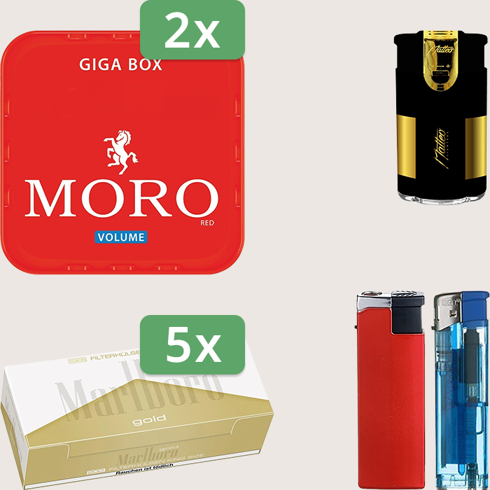 Moro Red 2 x 245 g Sparpaket mit 1.000 Marlboro Gold Hülsen und Feuerzeugset