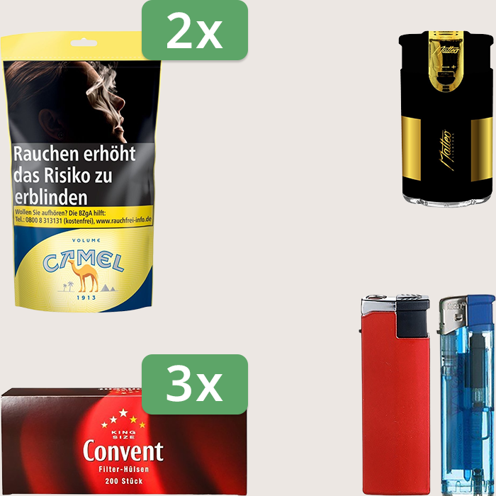 Camel Yellow 2 x 102 g Sparpaket mit 600 Convent Hülsen und Feuerzeugset